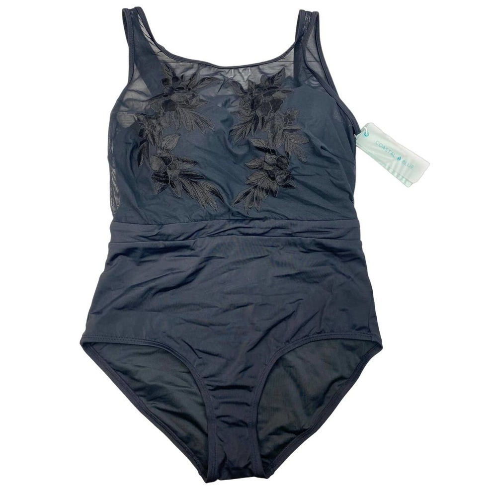 NEW Coastal Blue One Piece Black Floral Mesh Top Tummy Control swim Suit M